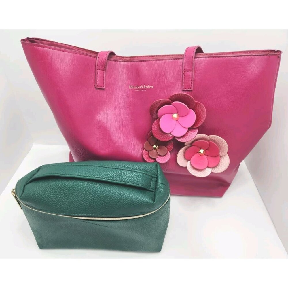 Elizabeth Arden New York Purse Magenta Flowers Tote with Green Makeup Bag
